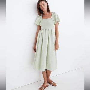 Madewell Linen-Blend Lucie Smocked Midi Dress XS mint green